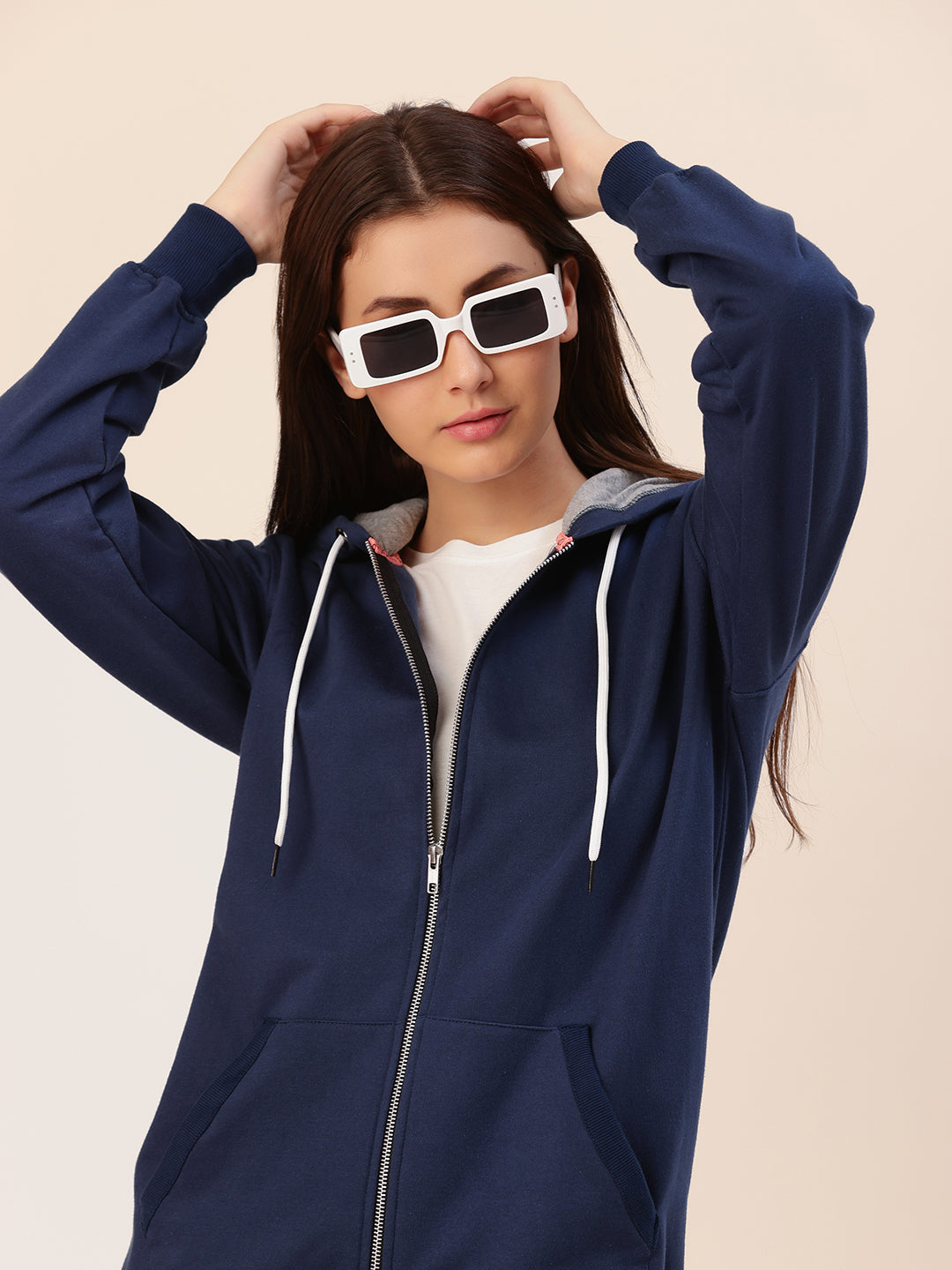 Front view of navy cotton fleece hoodie jacket for women