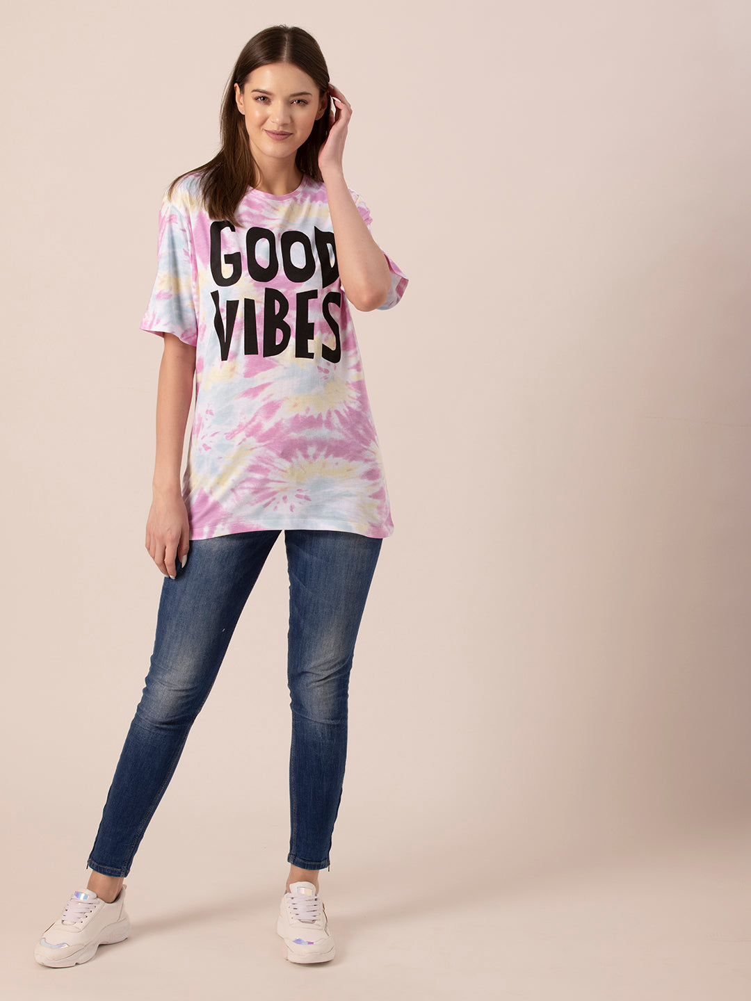 Side view of tie and dye oversized t-shirt