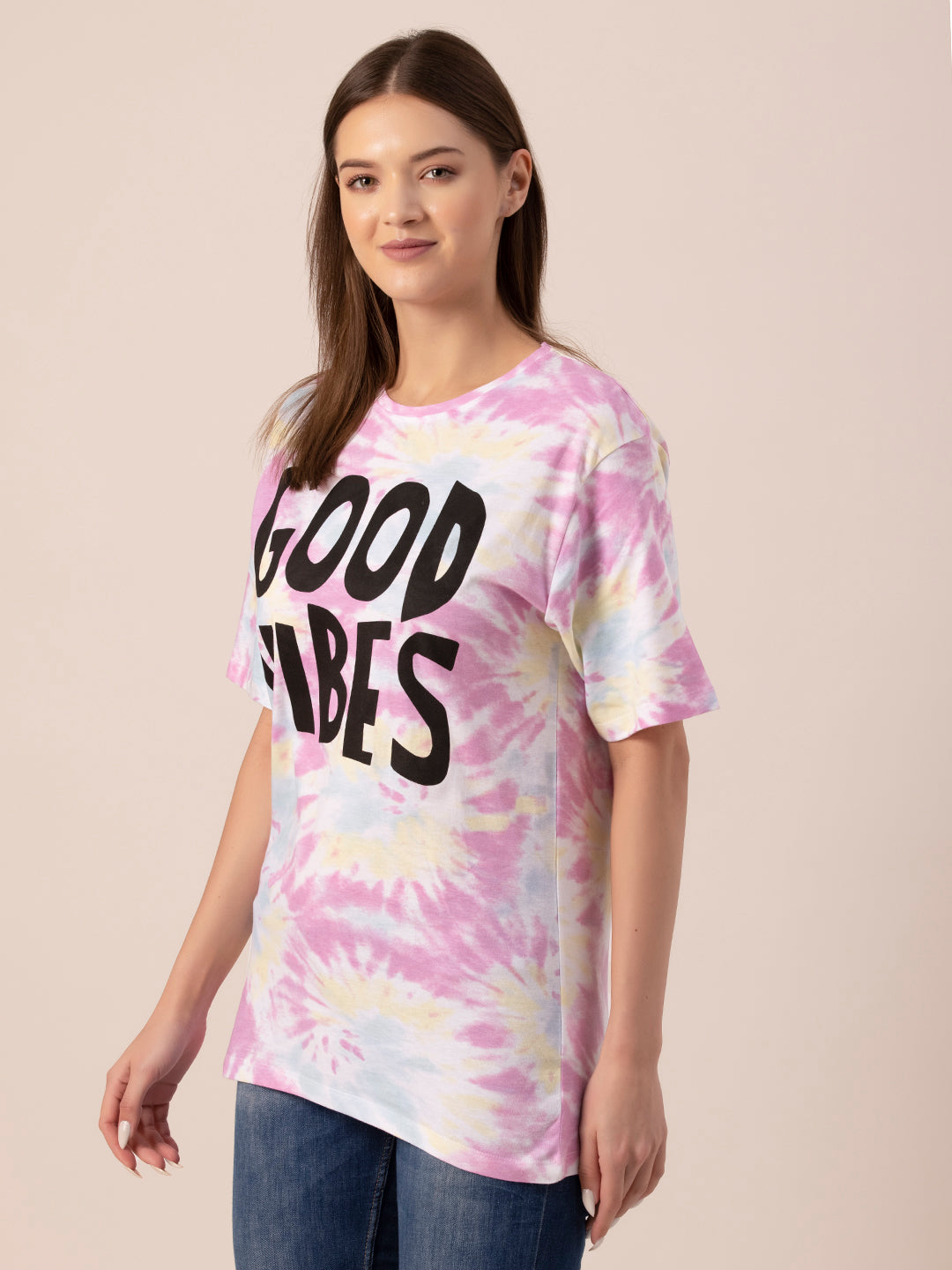 Back view of tie and dye oversized t-shirt