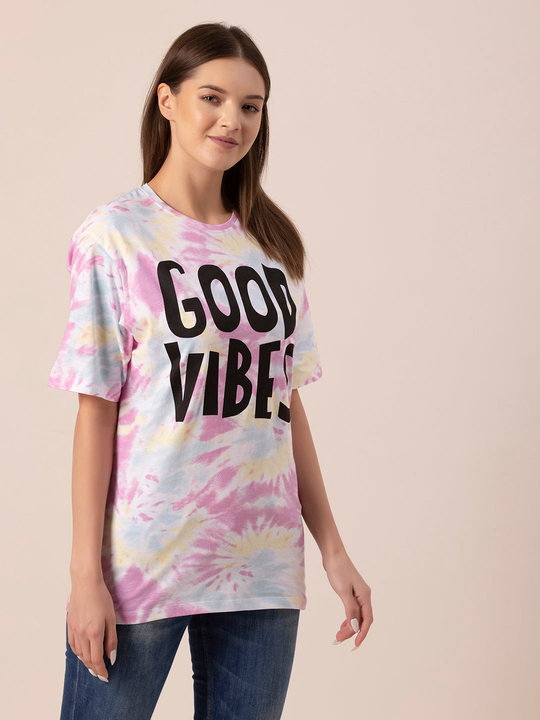 Detail shot of round neck on tie and dye tee