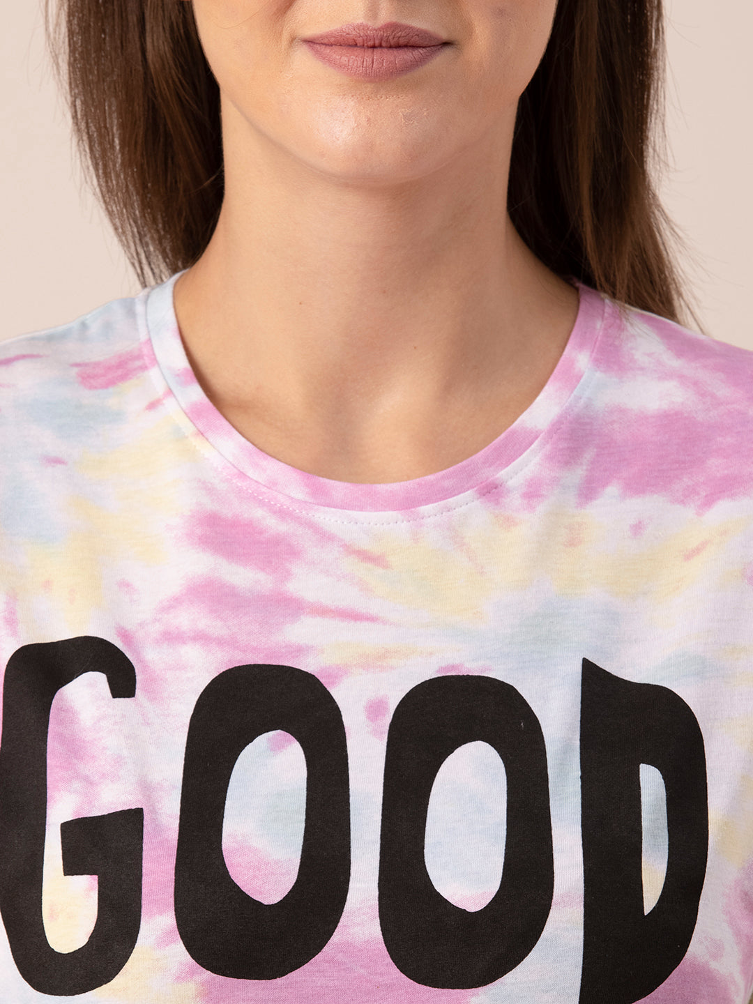 Close-up of tie and dye graphic print on cotton tee