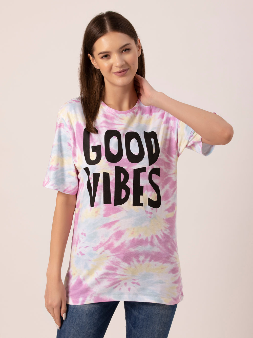 Front view of tie and dye oversized cotton t-shirt