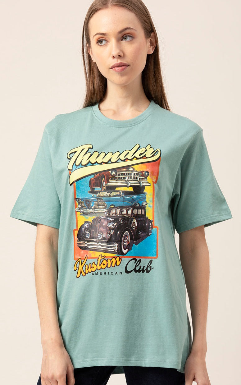 Front view of Thunder Kustum oversized graphic t-shirt for women
