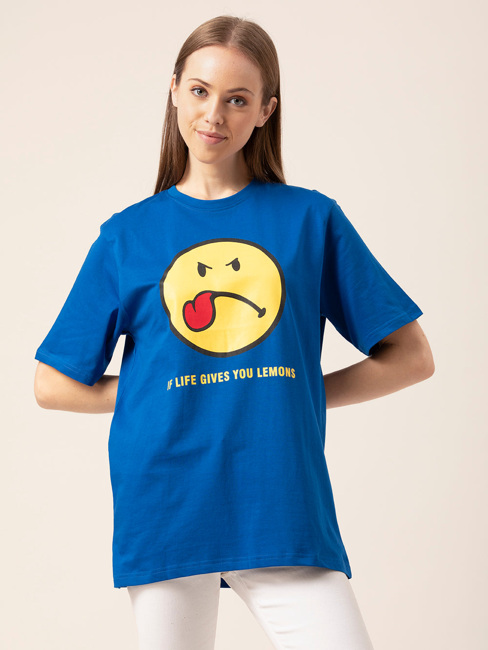 Side view of Sassy Smiley oversized cotton t-shirt