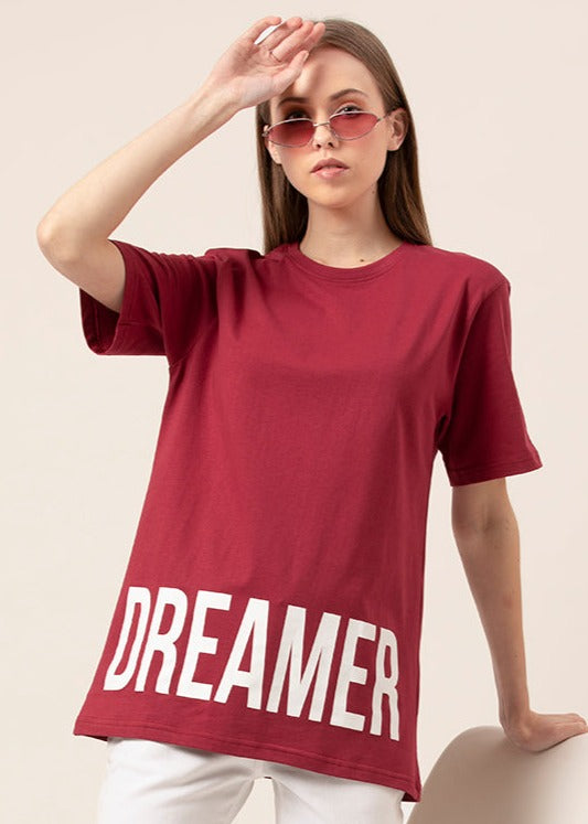 Front view of Dreamer oversized graphic t-shirt for women