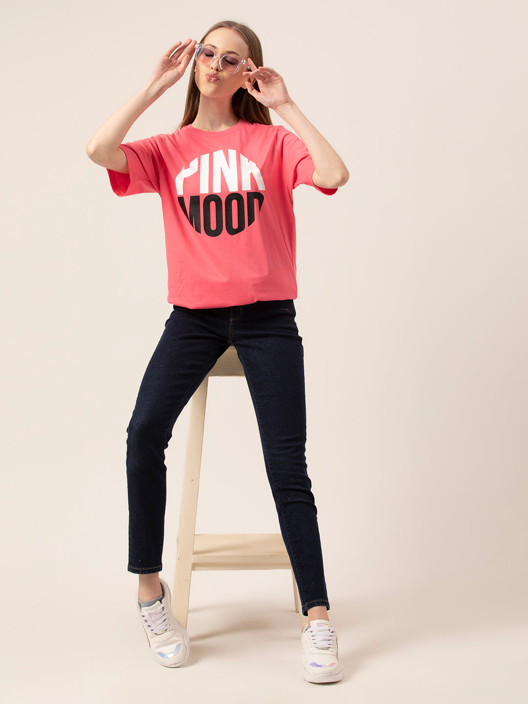 Pink Mood graphic tee front view oversized fit