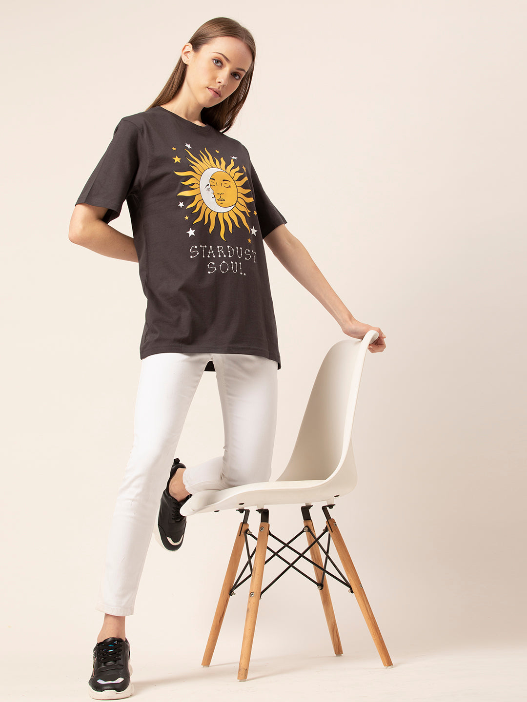 Star Dust graphic print close-up on cotton t-shirt