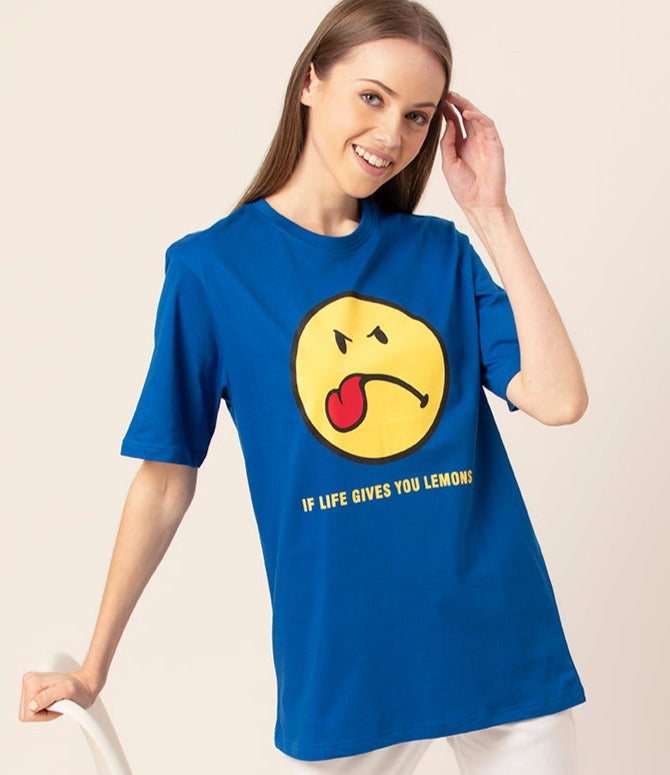 Front view of Sassy Smiley oversized graphic t-shirt for women