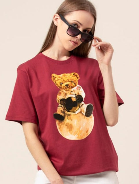 Front view of Astronaut Teddy oversized graphic t-shirt for women