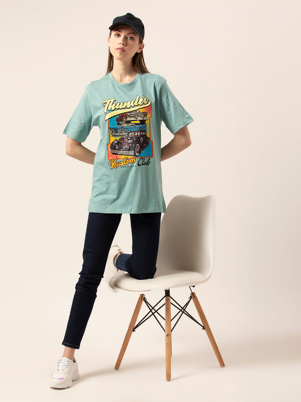 Side view of Thunder Kustum oversized cotton t-shirt