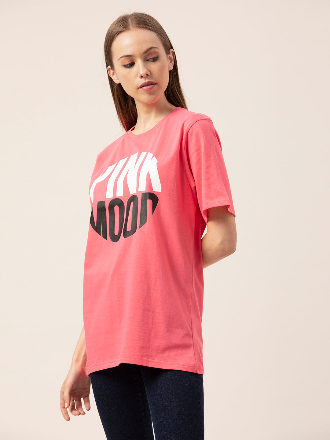 Pink Mood print close-up on bio-washed cotton tee