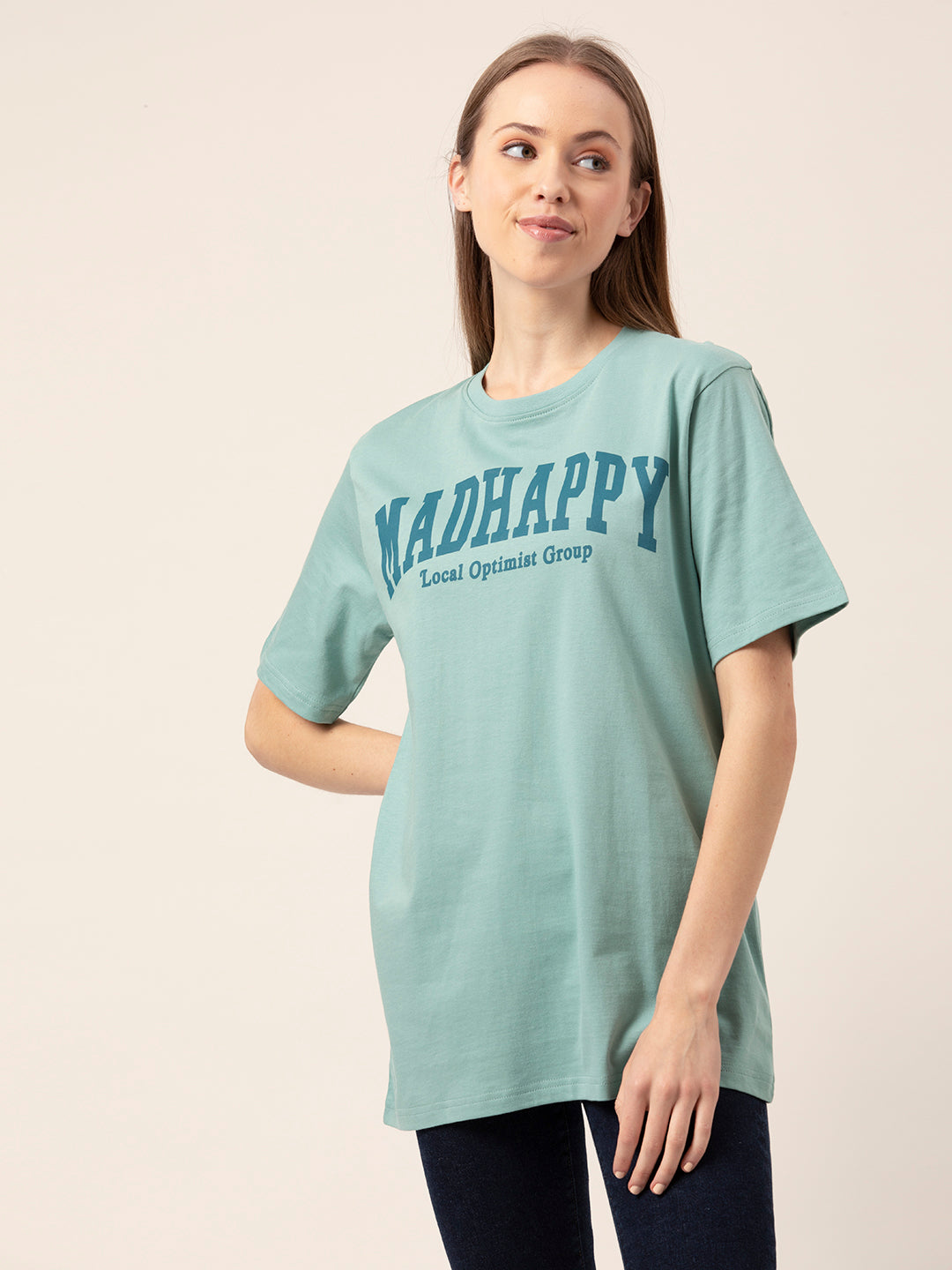 Detail shot of round neck on Madhappy tee