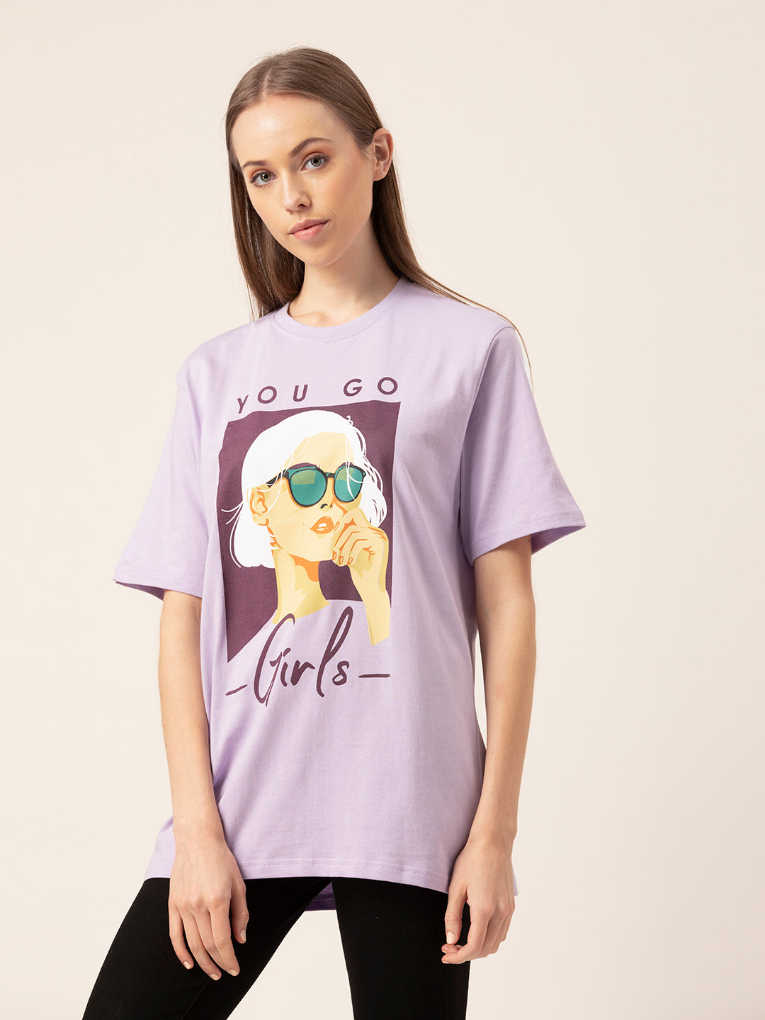 Close-up of You Go Girl text graphic on cotton tee