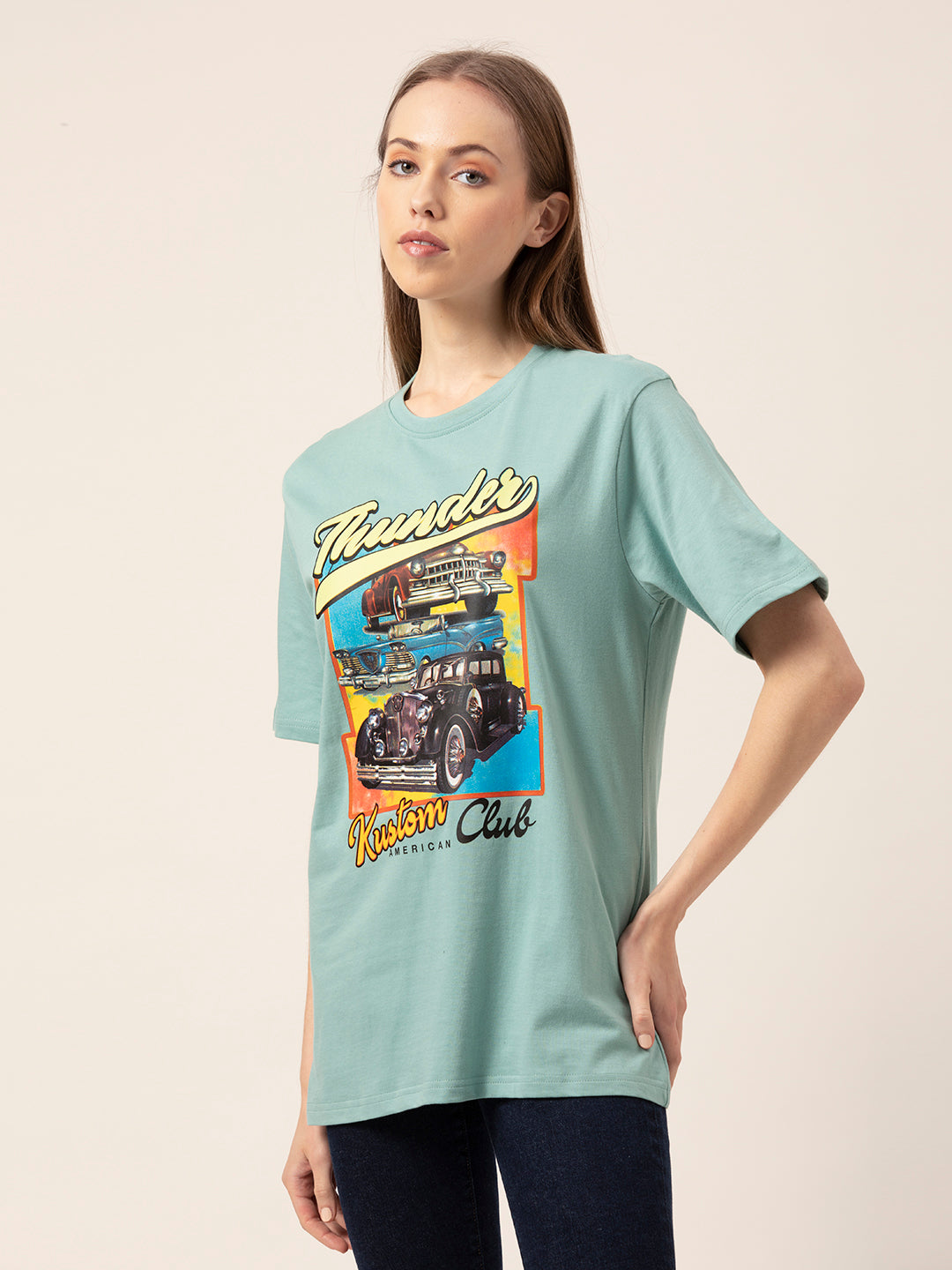 Close-up of Thunder Kustum graphic print on cotton tee