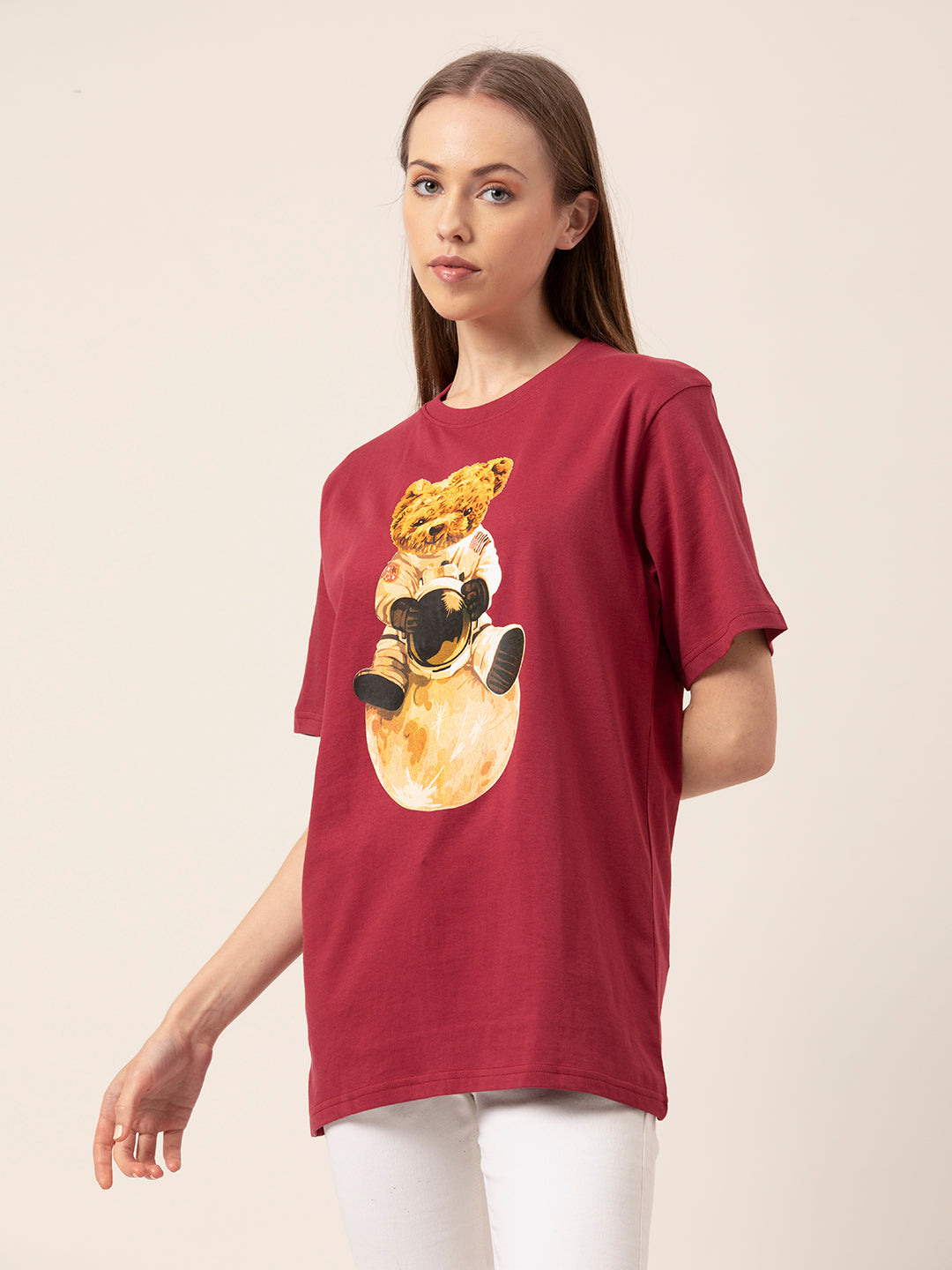 Close-up of Astronaut Teddy graphic print on cotton tee
