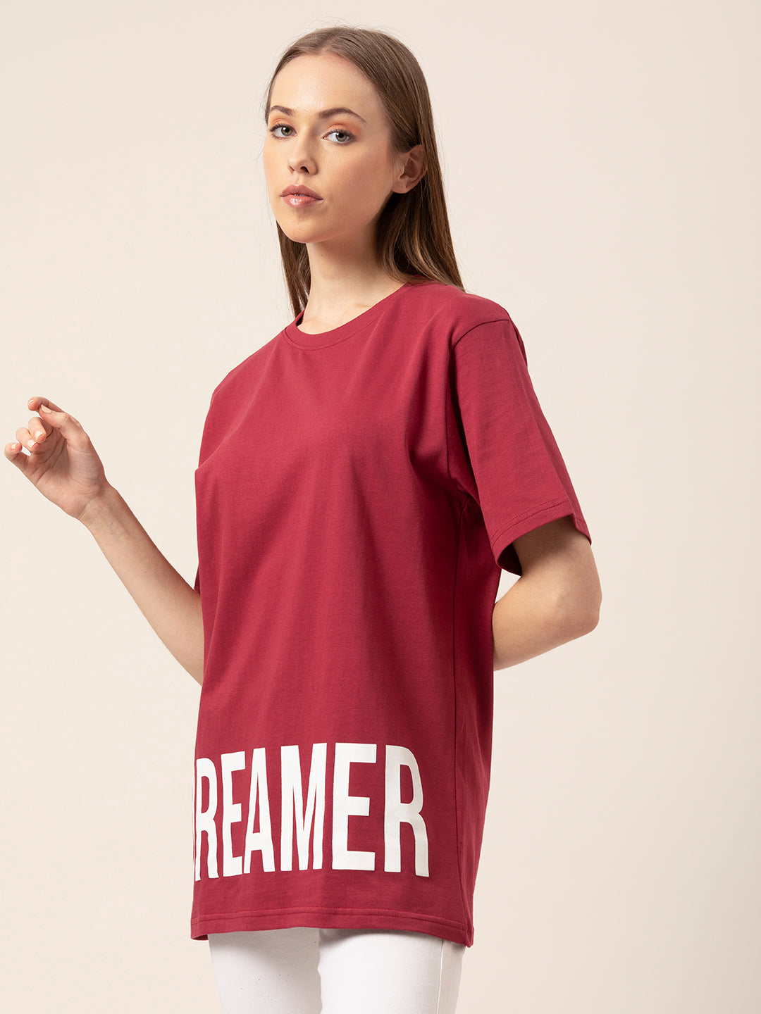Close-up of Dreamer graphic print on cotton tee