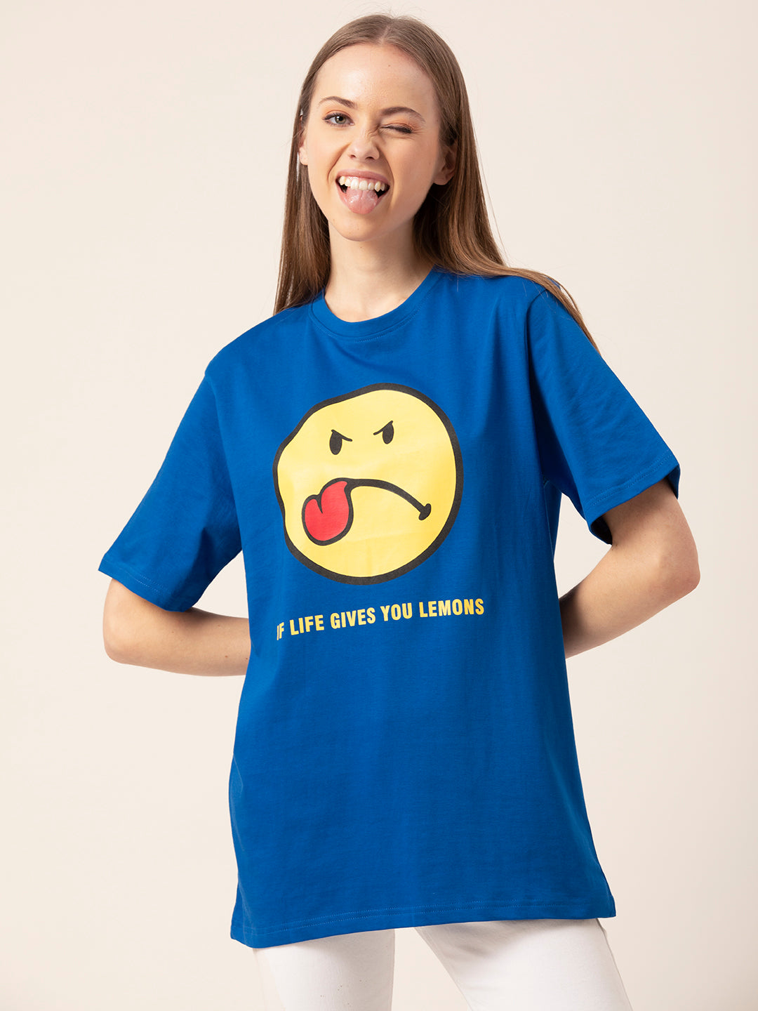 Close-up of Sassy Smiley graphic print on cotton tee