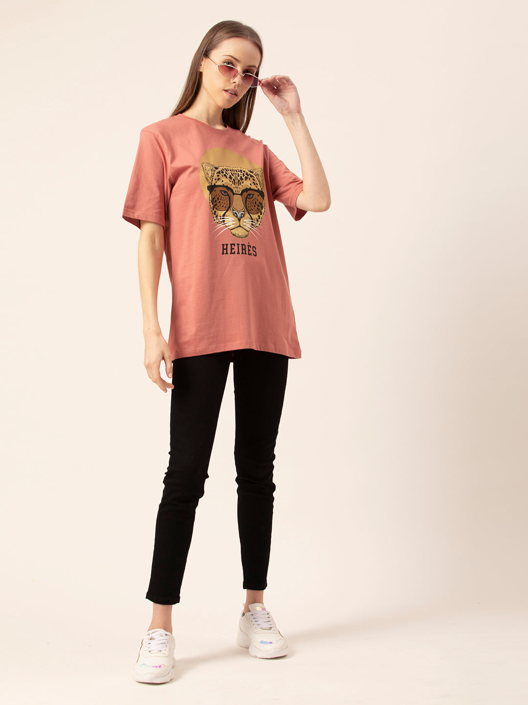 Close-up of Heires graphic print on cotton tee