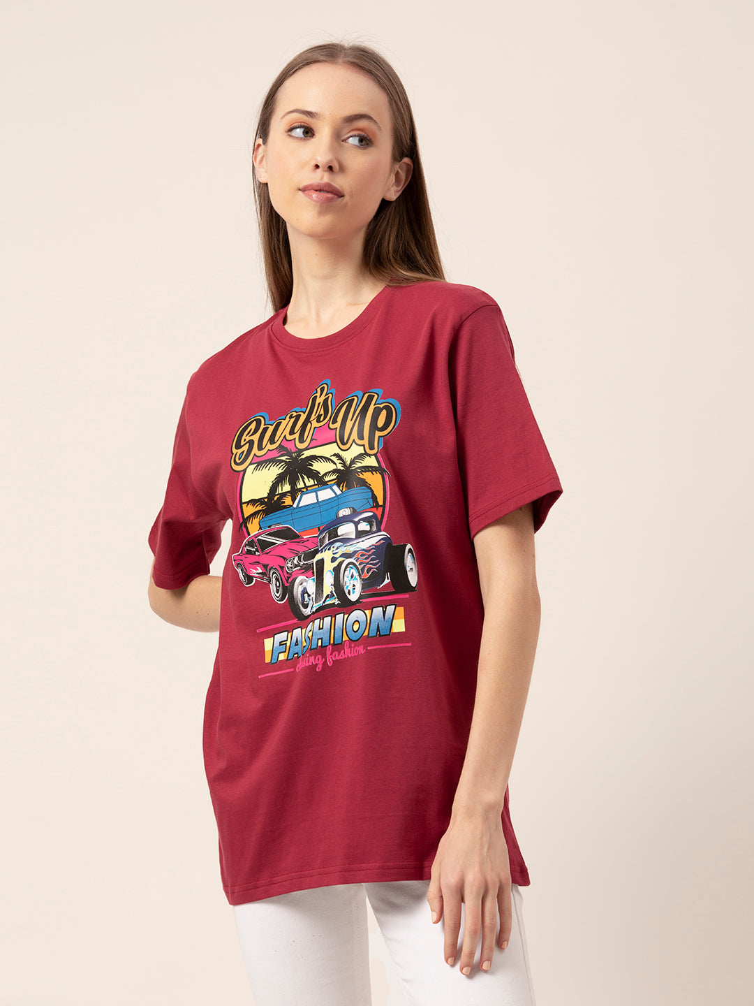 Close-up of Surf Up graphic print on cotton tee