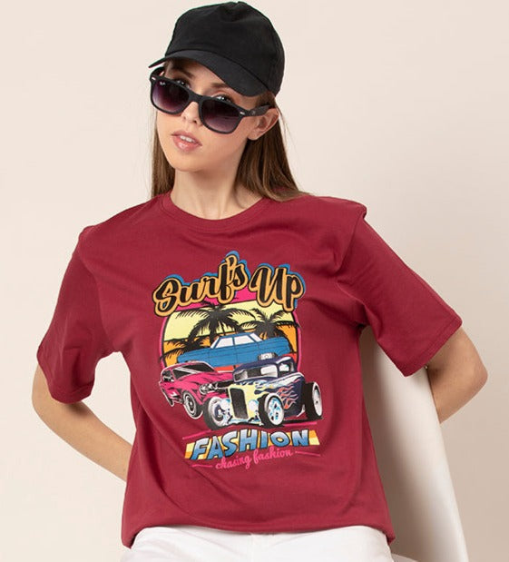 Front view of Surf Up oversized graphic t-shirt for women