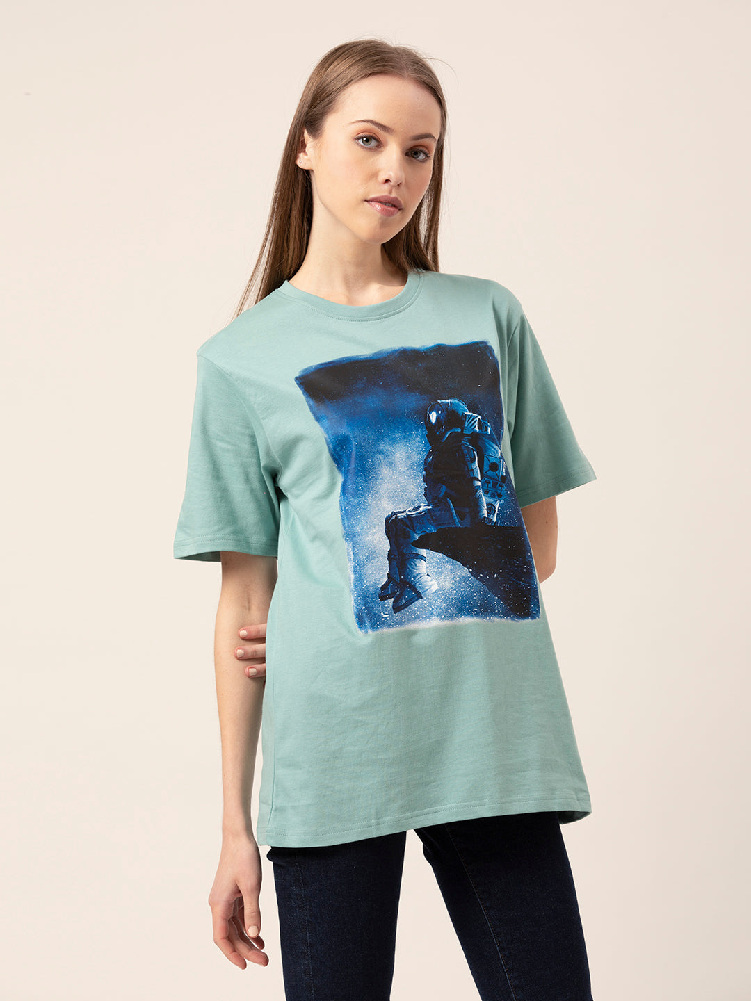 Detail shot of round neck on Astronaut tee