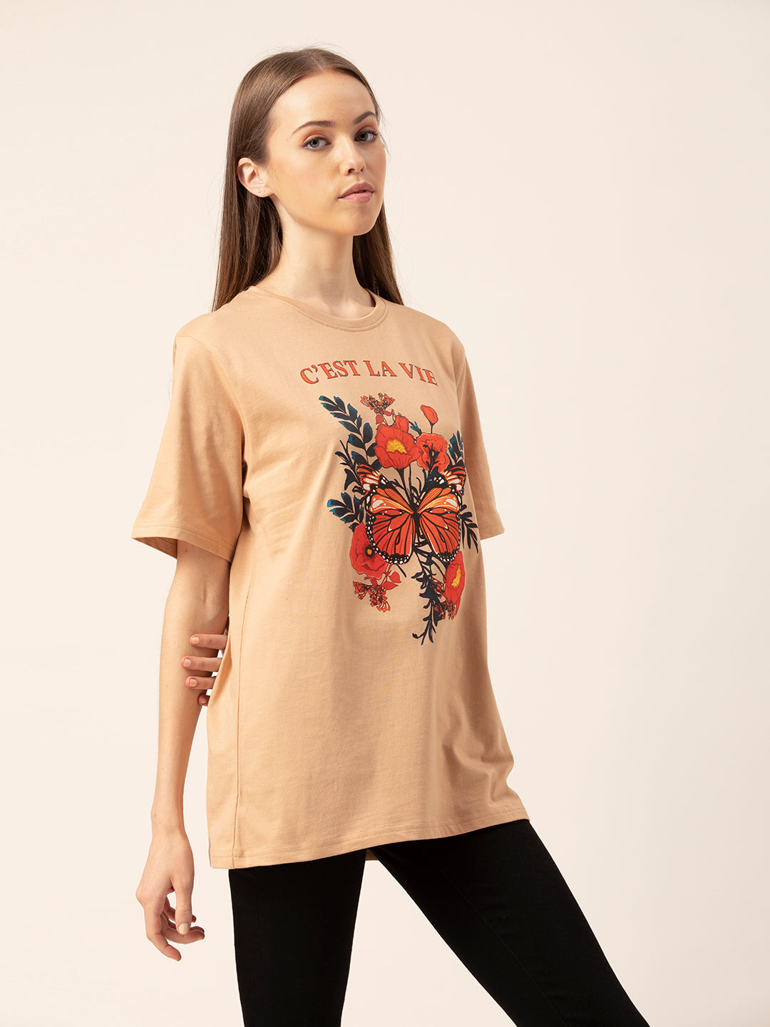 Detail shot of round neck on C'est La Vie tee