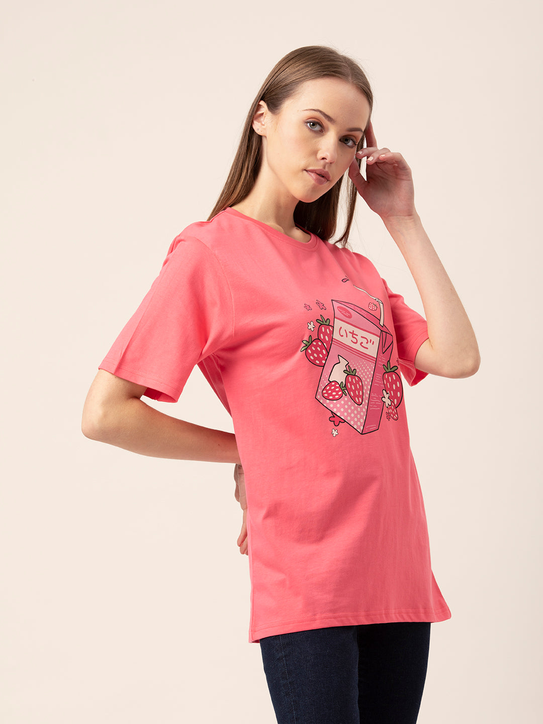 Detail shot of round neck on Juice Box tee