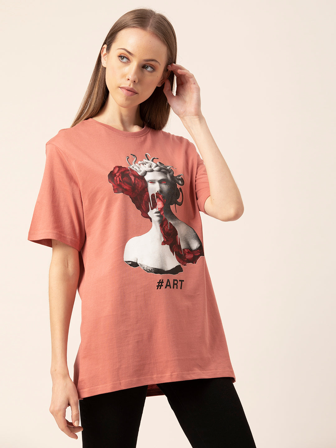 Side angle of Art Sculpture graphic t-shirt