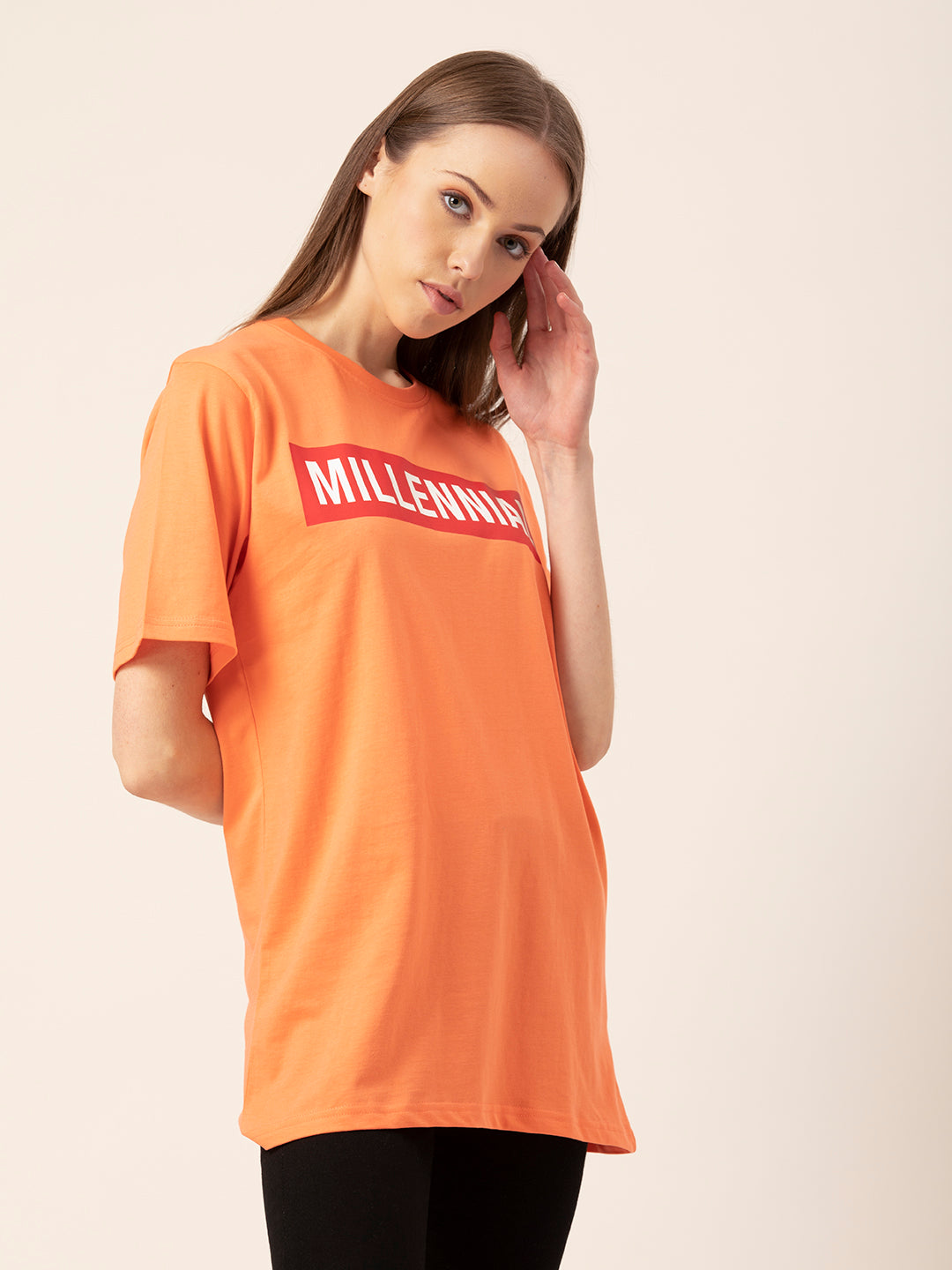 Side angle of Millennial graphic t-shirt