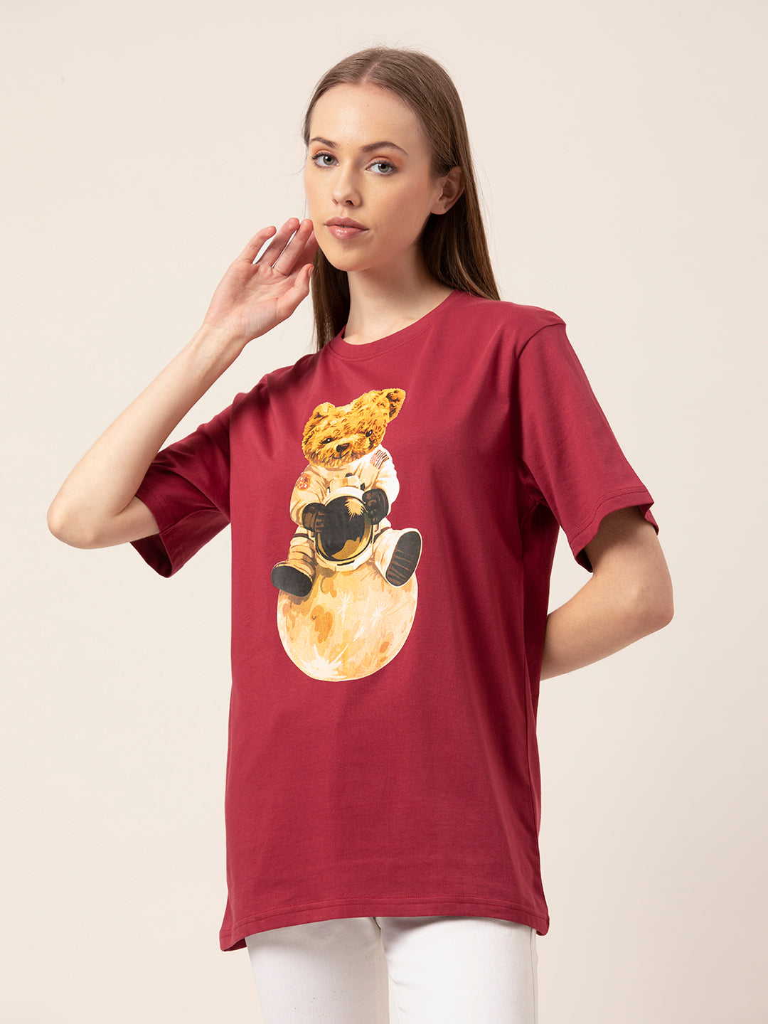 Detail shot of round neck on Astronaut Teddy tee