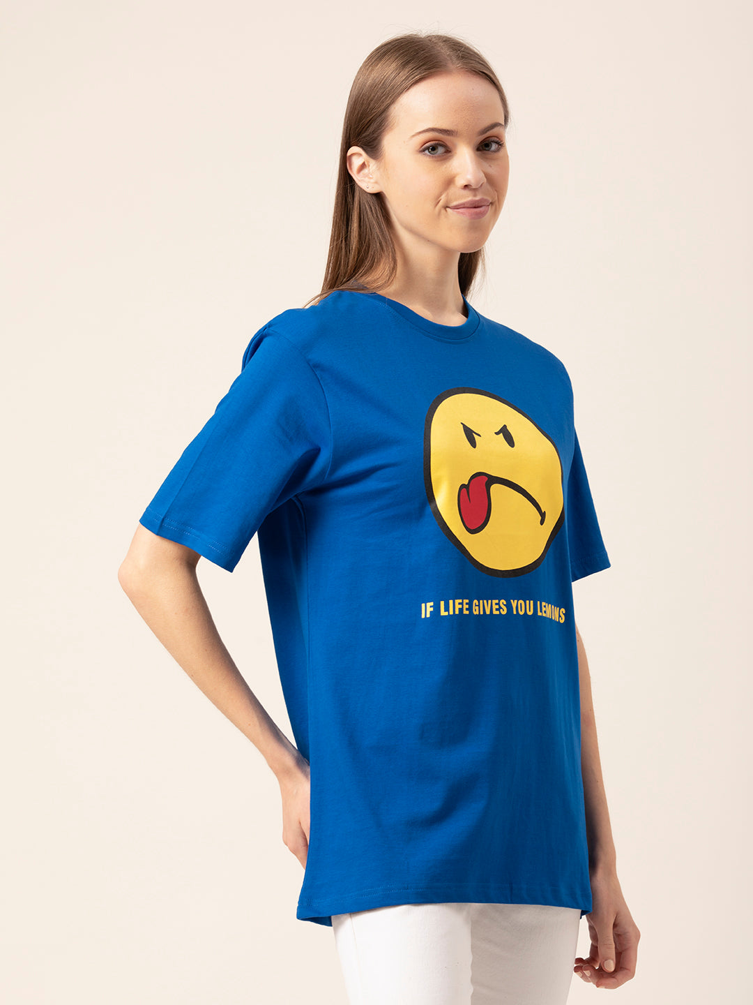 Detail shot of round neck on Sassy Smiley tee