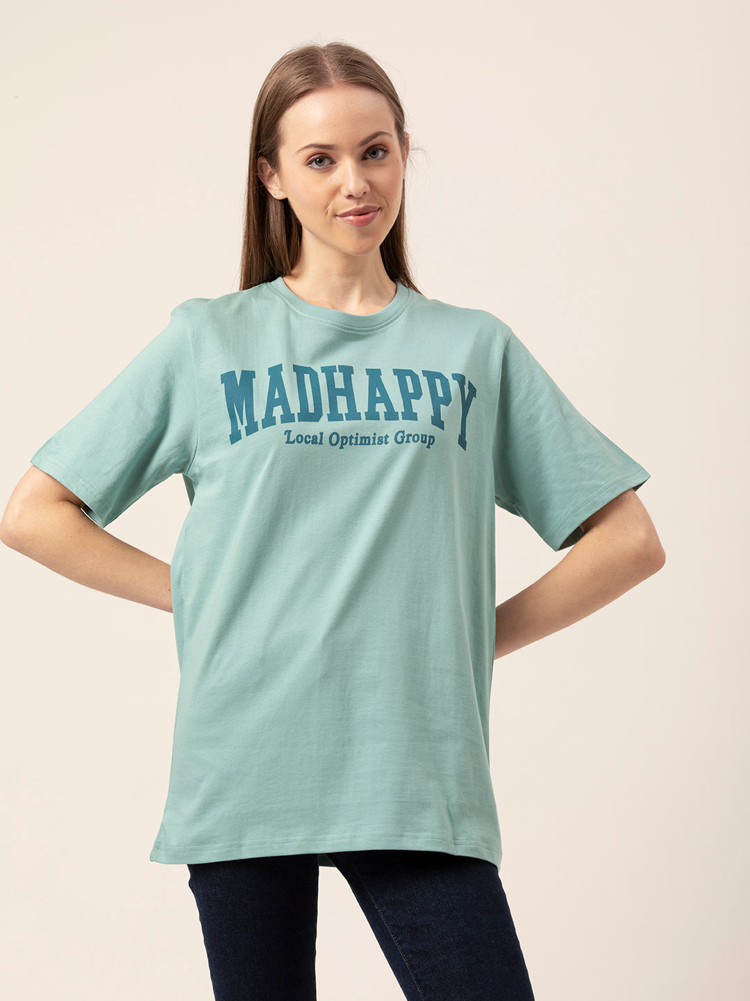 Full outfit shot styled with Madhappy oversized tee