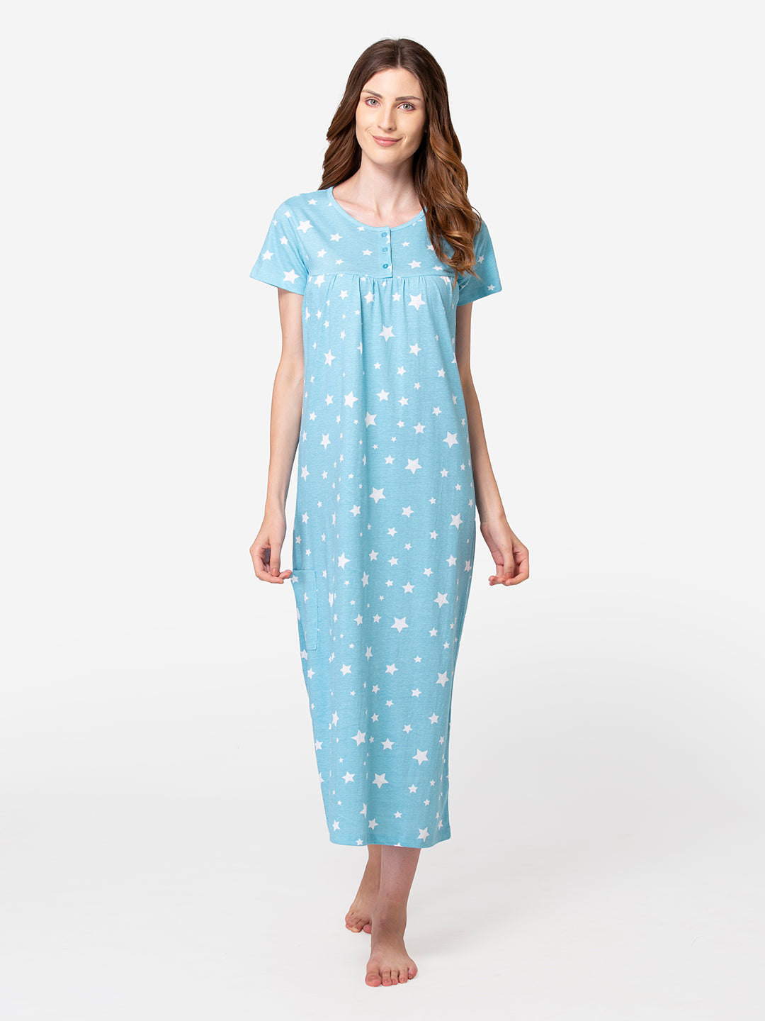 Sky blue cotton nightgown round neck detail