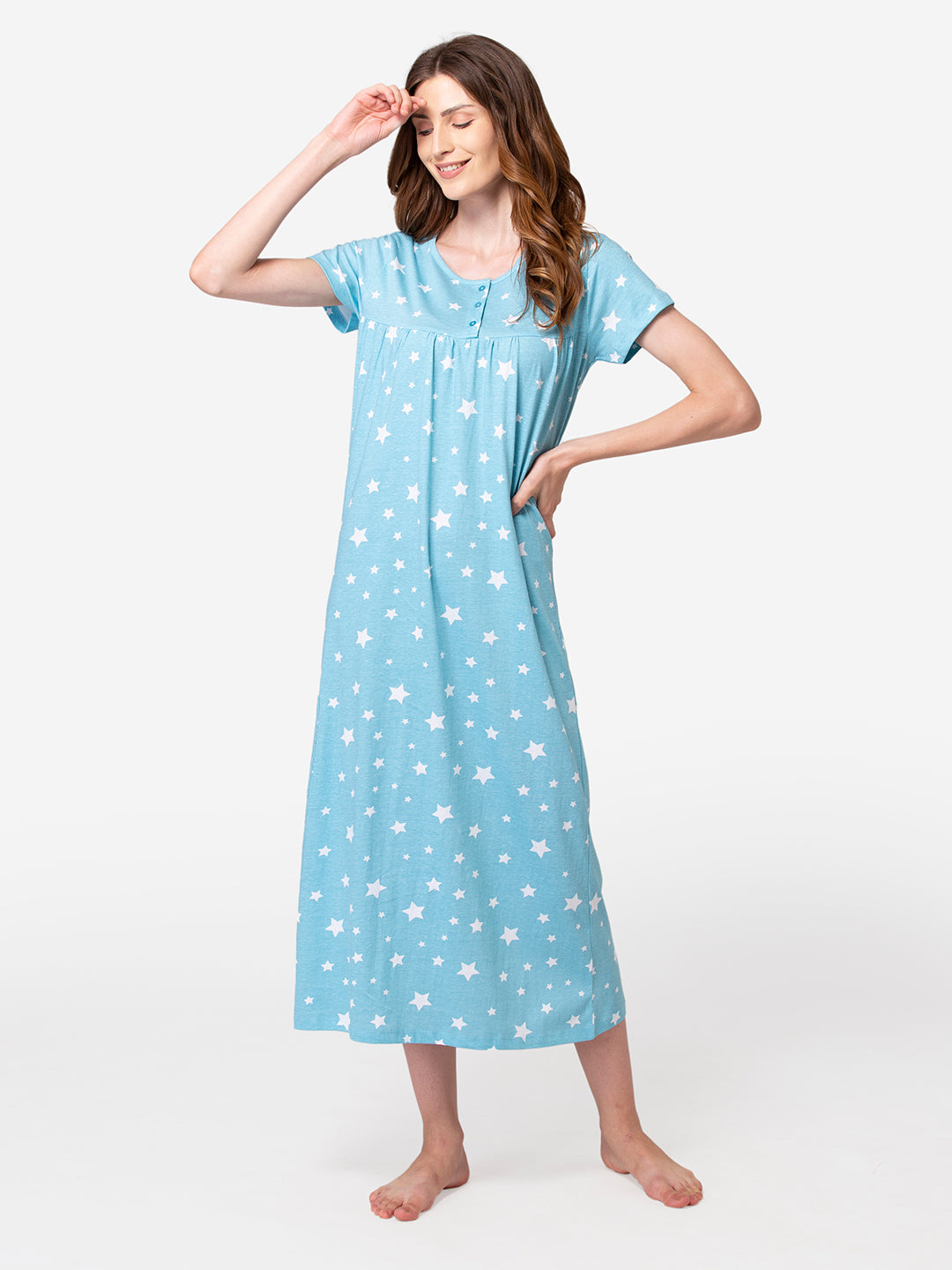 Sky blue cotton nightgown short sleeves view