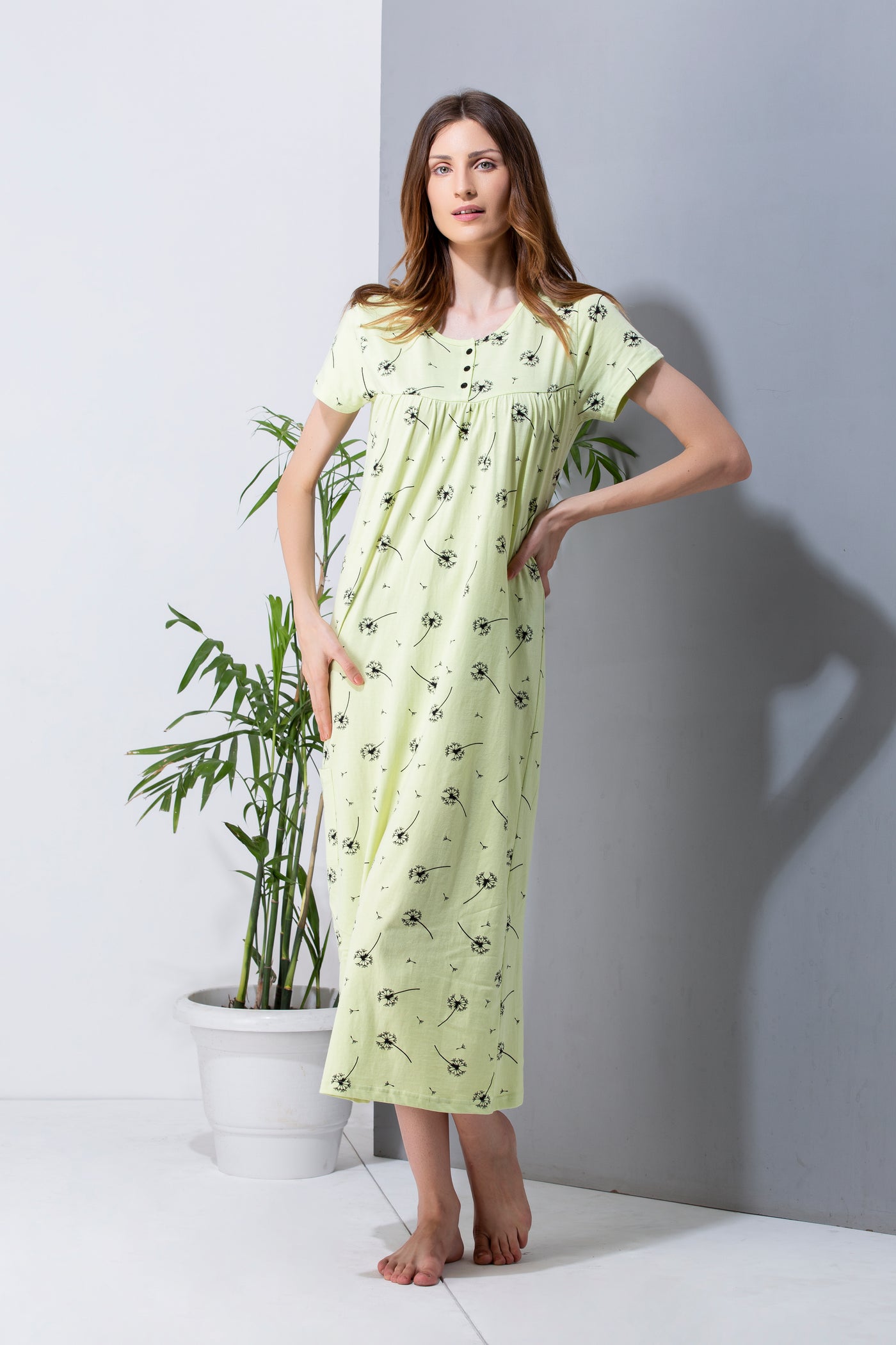 Light green pure cotton nightgown for women front view