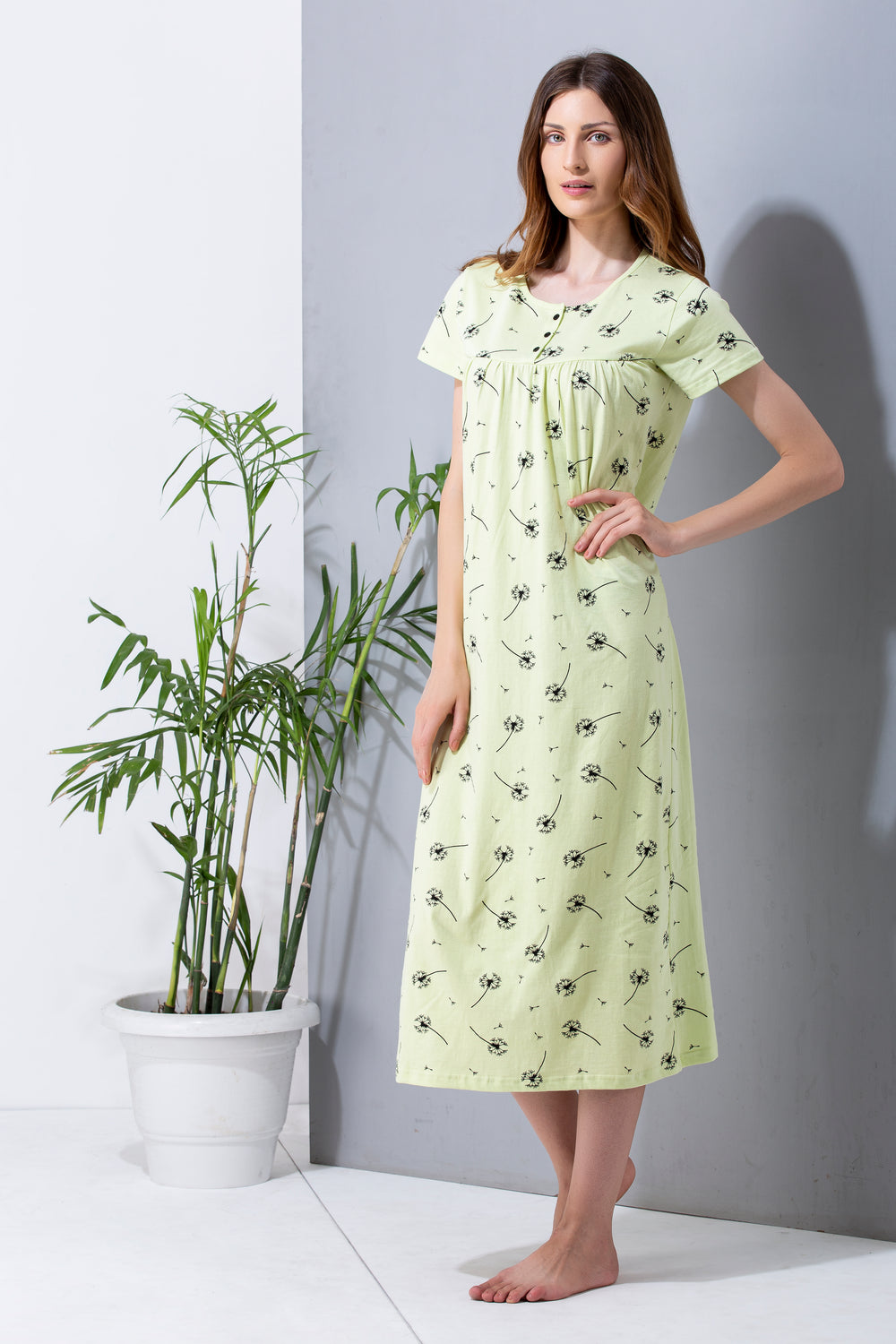 Light green cotton nightgown knee-length lifestyle shot