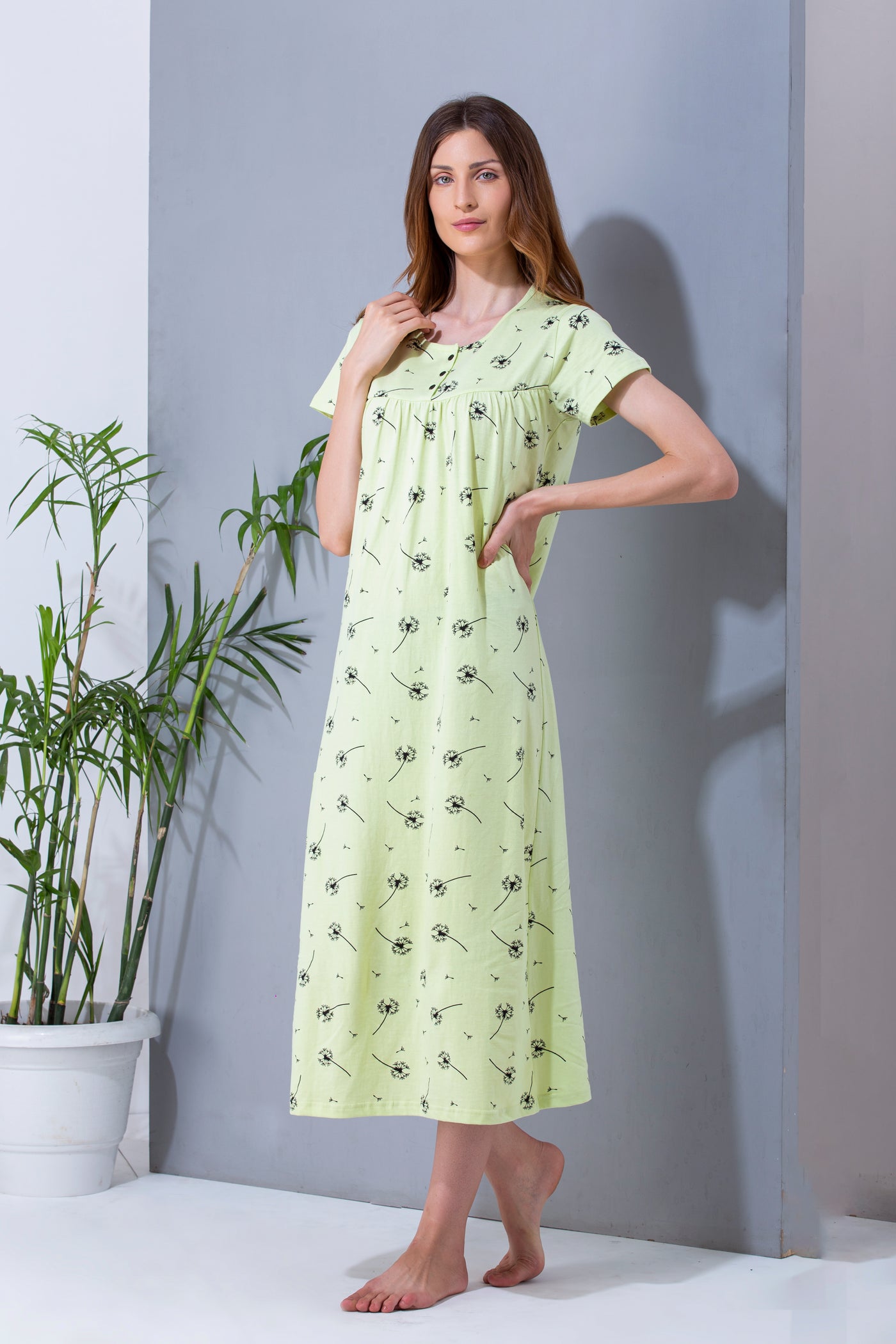 Light green cotton nightgown side pocket close-up