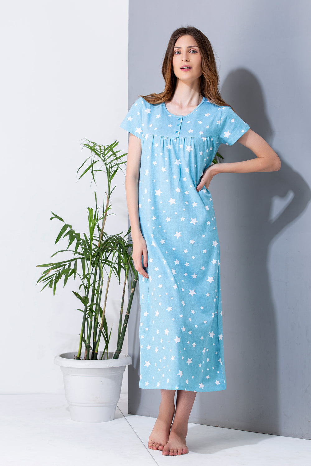 Sky blue cotton nightgown knee-length lifestyle shot