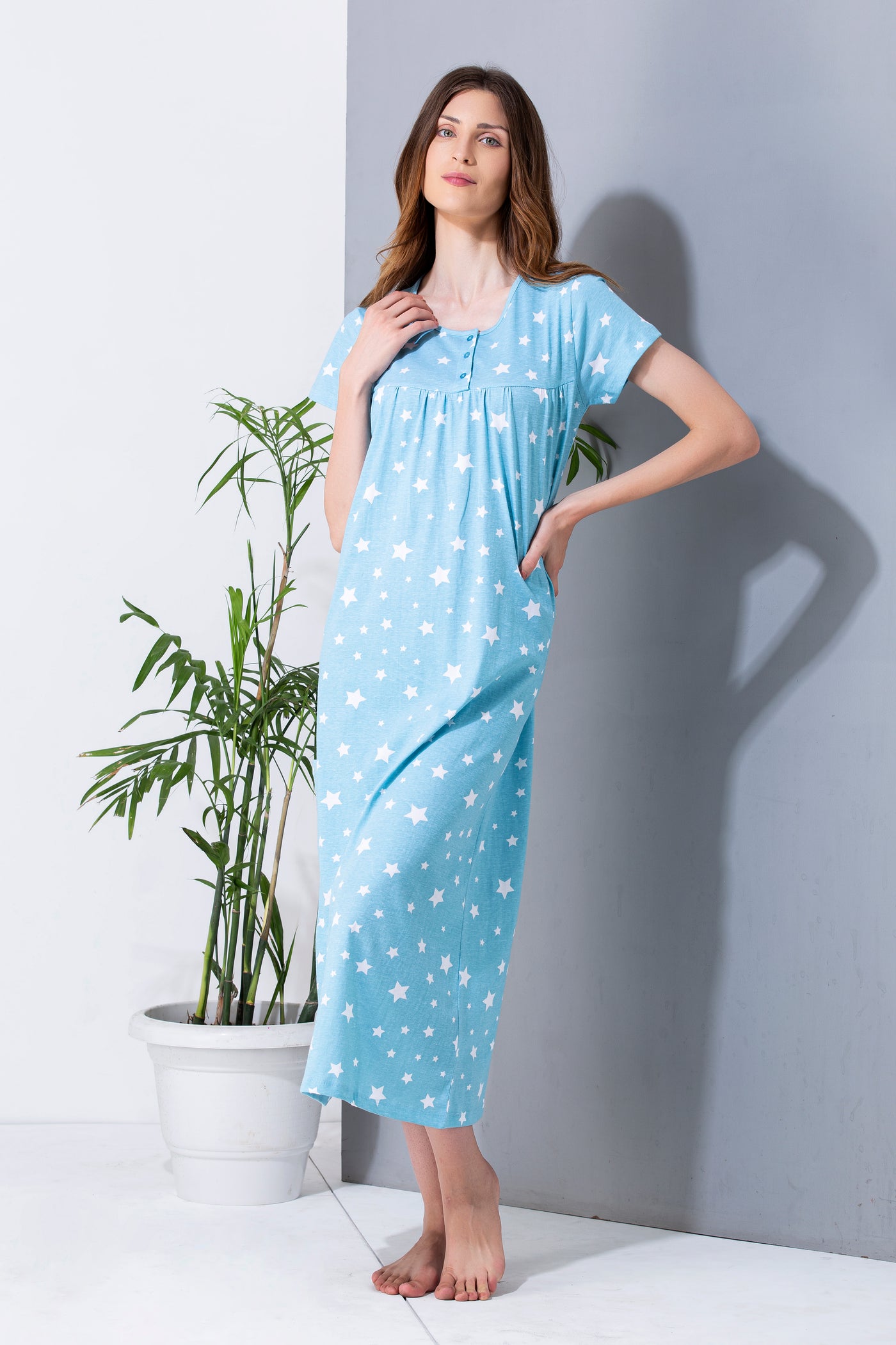 Sky blue cotton nightgown side pocket close-up