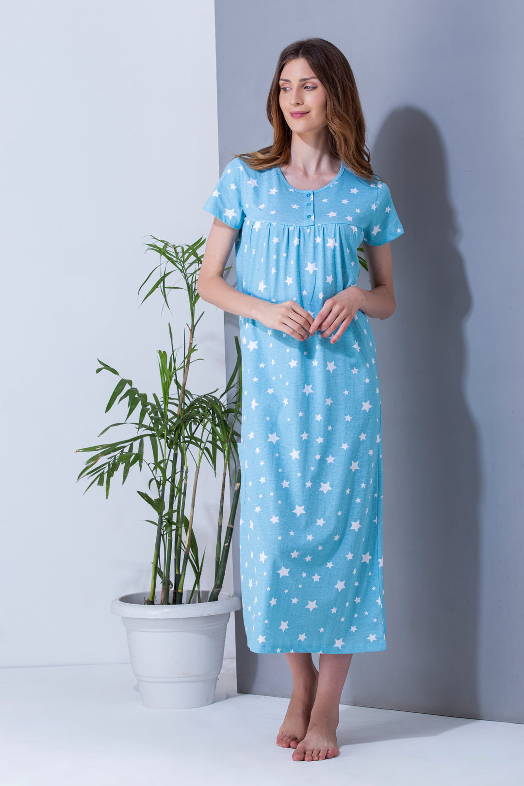 Sky blue pure cotton nightgown for women front view