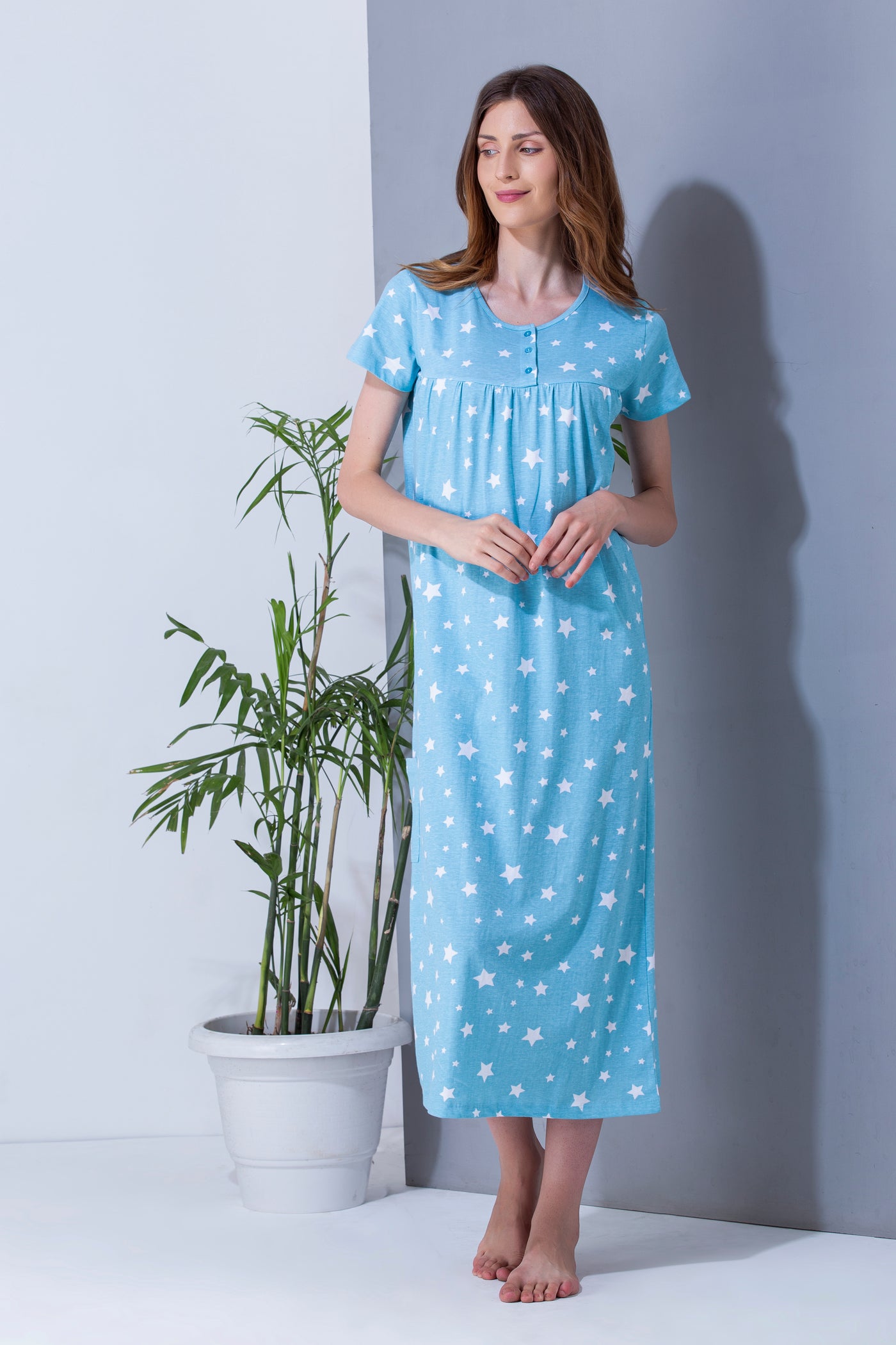 Sky blue pure cotton nightgown for women front view